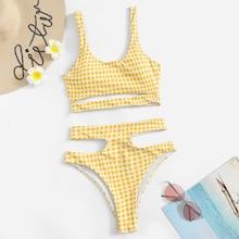 Romwe Gingham Cut-out Top With High Waist Bikini