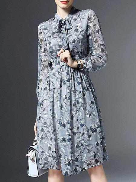 Romwe Grey Tie Neck Butterfly Dress