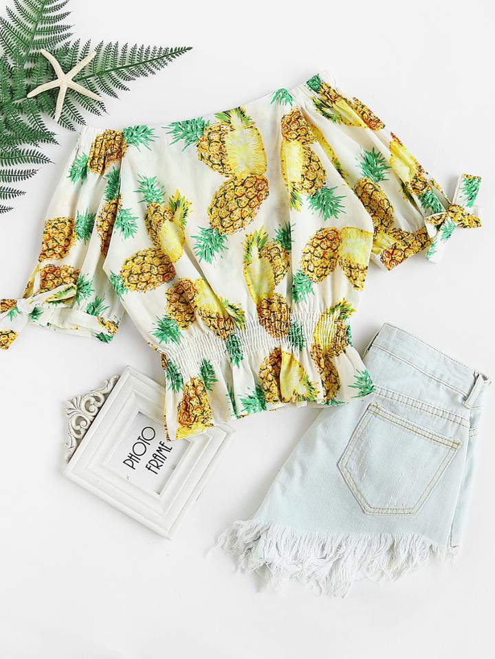 Romwe Bardot Pineapple Print Shirred Top