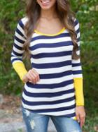 Romwe Contrast Cuff Striped Buttons Asymmetrical Blue T-shirt