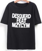 Romwe Letter Print Round Neck Black T-shirt