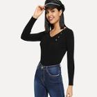 Romwe Button Detail Skinny V Neck Sweater