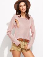 Romwe Pink Ripped Raw Hem Hooded Sweater
