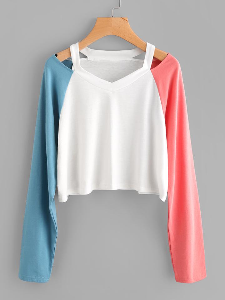 Romwe Contrast Raglan Sleeve Ripped Neck Tee