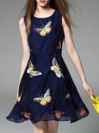 Romwe Navy Butterfly Embroidered A-line Dress