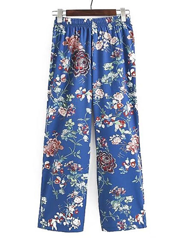 Romwe Elastic Waist Floral Wide Leg Pants