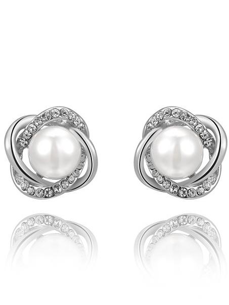 Romwe Silver Crystal Pearl Twining Earrings