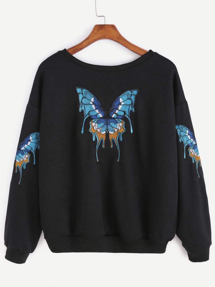 Romwe Black Drop Shoulder Butterfly Embroidery Sweatshirt