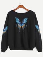 Romwe Black Drop Shoulder Butterfly Embroidery Sweatshirt
