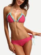 Romwe Contrast Halter Ruffle Trimmed Bikini Set