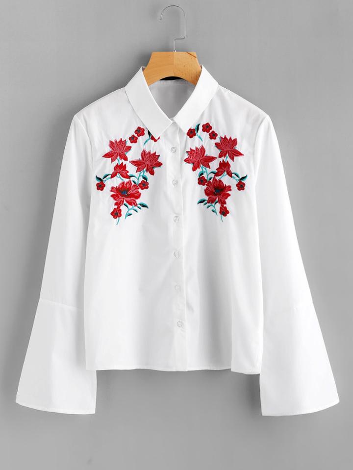 Romwe Flower Embroidered Fluted Sleeve Blouse