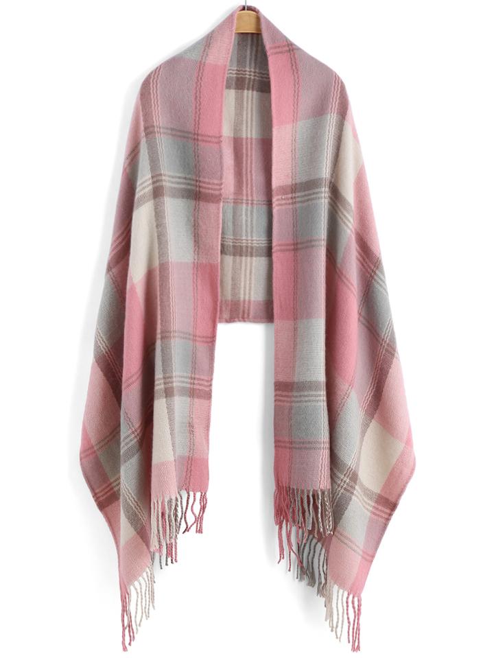 Romwe Plaid Tassel Color-block Scarf