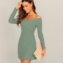 Romwe Off Shoulder Cross Wrap Rib-knit Pencil Dress