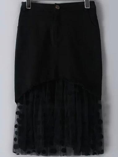 Romwe Mesh Hem Polka Dot Frayed Denim Black Skirt