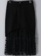 Romwe Mesh Hem Polka Dot Frayed Denim Black Skirt
