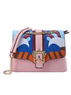 Romwe Peacock Print Flap Bag With Chain Strap - Pink
