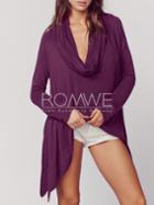 Romwe Purple Cowl Neck Asymmetric T-shirt