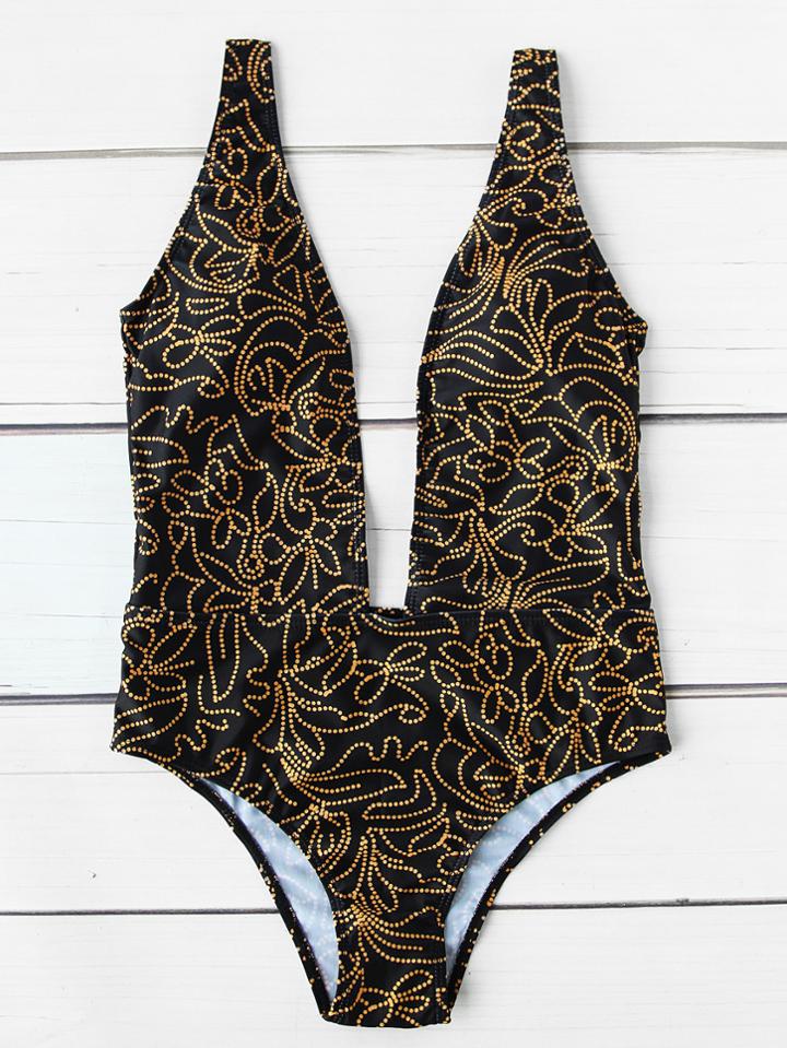 Romwe Graphic Print Plunging Neckline One Piece Swimwear
