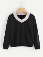 Romwe Contrast V Neckline Drop Shoulder Sweater