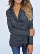 Romwe Draped Neck Zipper Grey T-shirt
