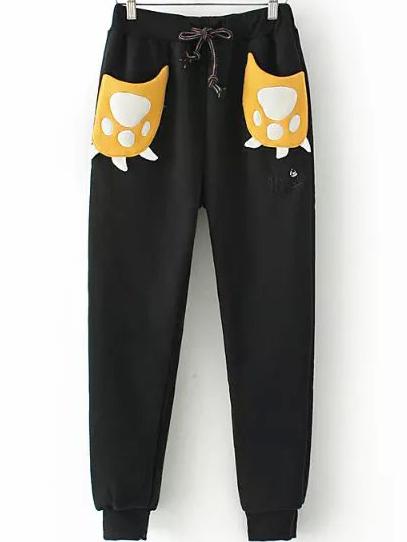 Romwe Elastic Waist Pockets Embroidered Black Pant