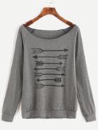 Romwe Grey Arrow Print Scoop Neck Raglan Sleeve Sweatshirt