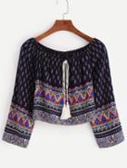 Romwe Navy Paisley Print Tassel Tie Off The Shoulder Top