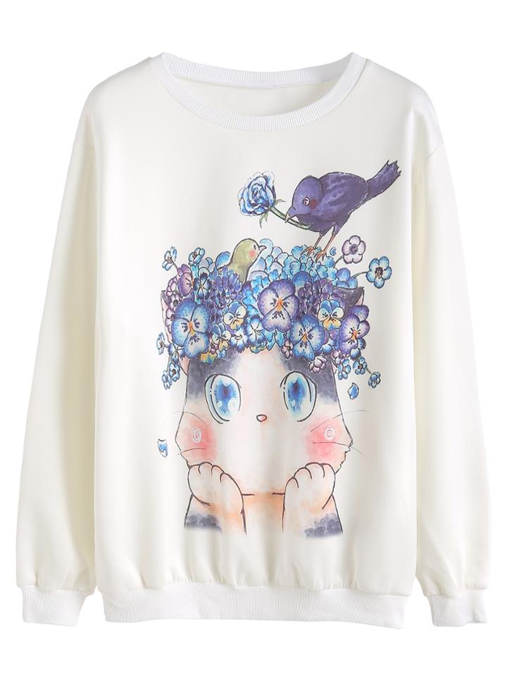 Romwe White Animal And Flower Print Sweatshirt