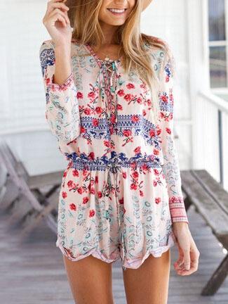 Romwe Long Sleeve Florals Lace Up Romper