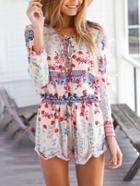 Romwe Long Sleeve Florals Lace Up Romper