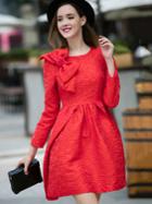 Romwe Red Round Neck Long Sleeve Bow Beading Jacquard Dress