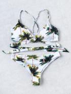 Romwe Palm Tree Print Wrap Bikini Set