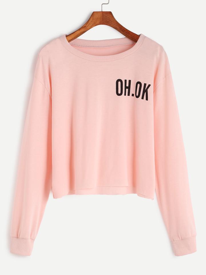 Romwe Pink Drop Shoulder Letter Print Raw Hem Crop Sweatshirt