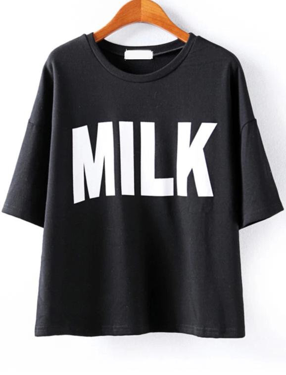 Romwe Milk Print Loose Black T-shirt