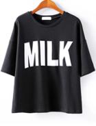 Romwe Milk Print Loose Black T-shirt