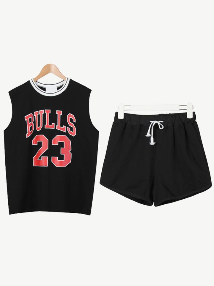 Romwe Black Basketball Tank Top With Drawstring Shorts