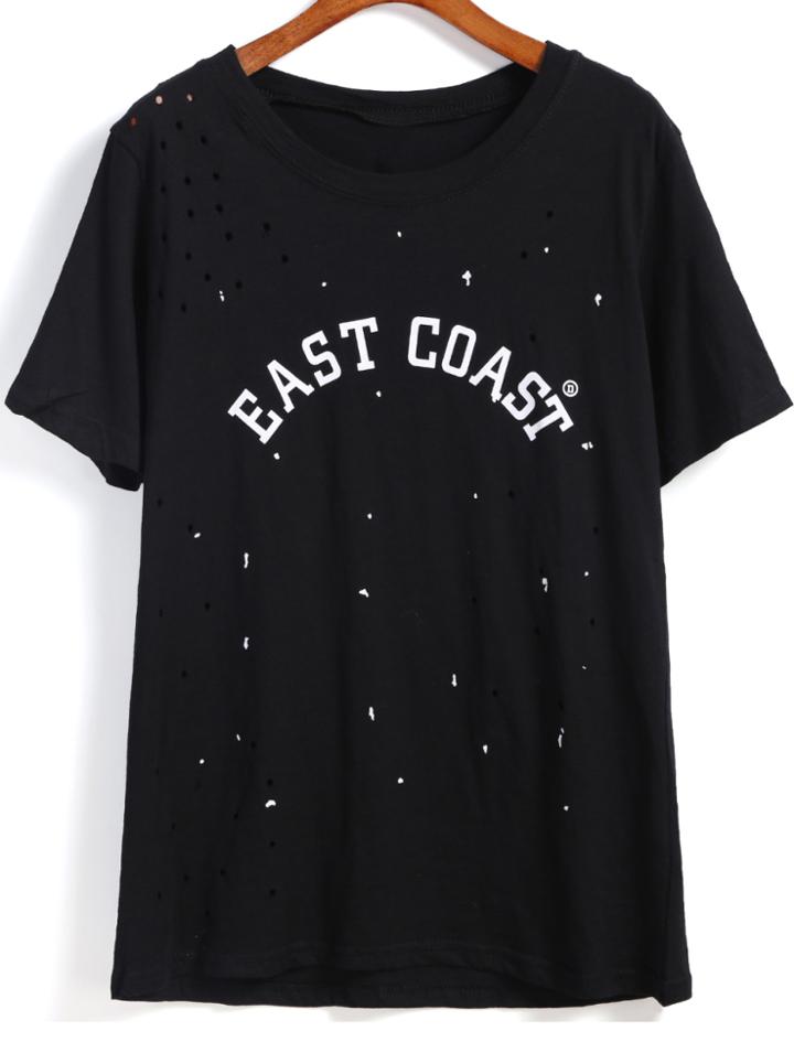 Romwe Letters Print Hollow Black T-shirt