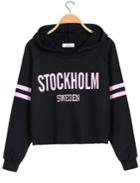 Romwe Stockholm Print Hooded Crop Black Sweatshirt