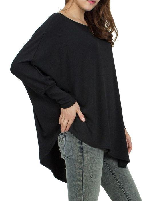 Romwe Dip Hem Dolman Black T-shirt