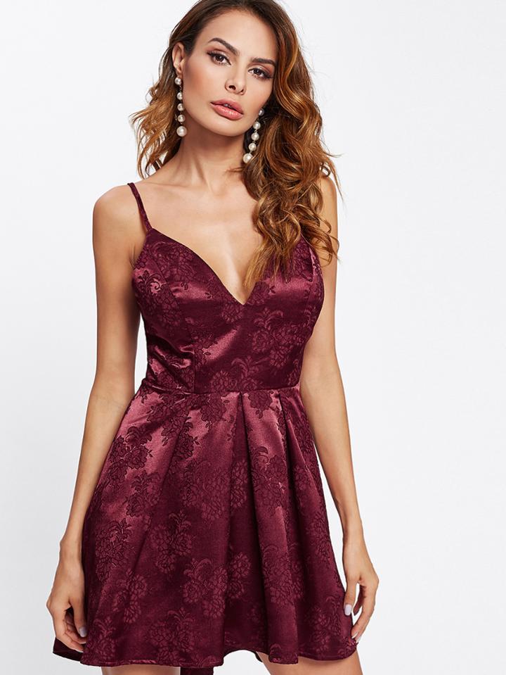Romwe Box Pleated Floral Jacquard Satin Cami Dress