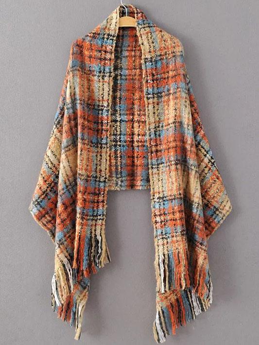 Romwe Khaki Plaid Fringe Hem Scarf