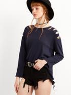 Romwe Navy Long Sleeve Cut Out T-shirt