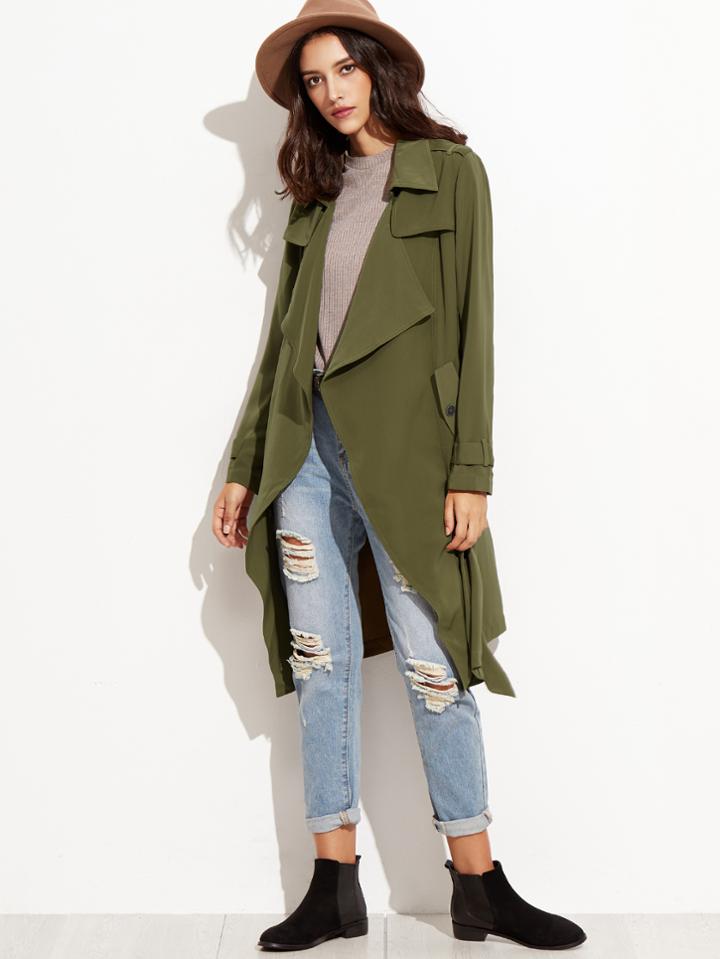 Romwe Olive Green Wrap Trench Coat With Gun Flap Detail