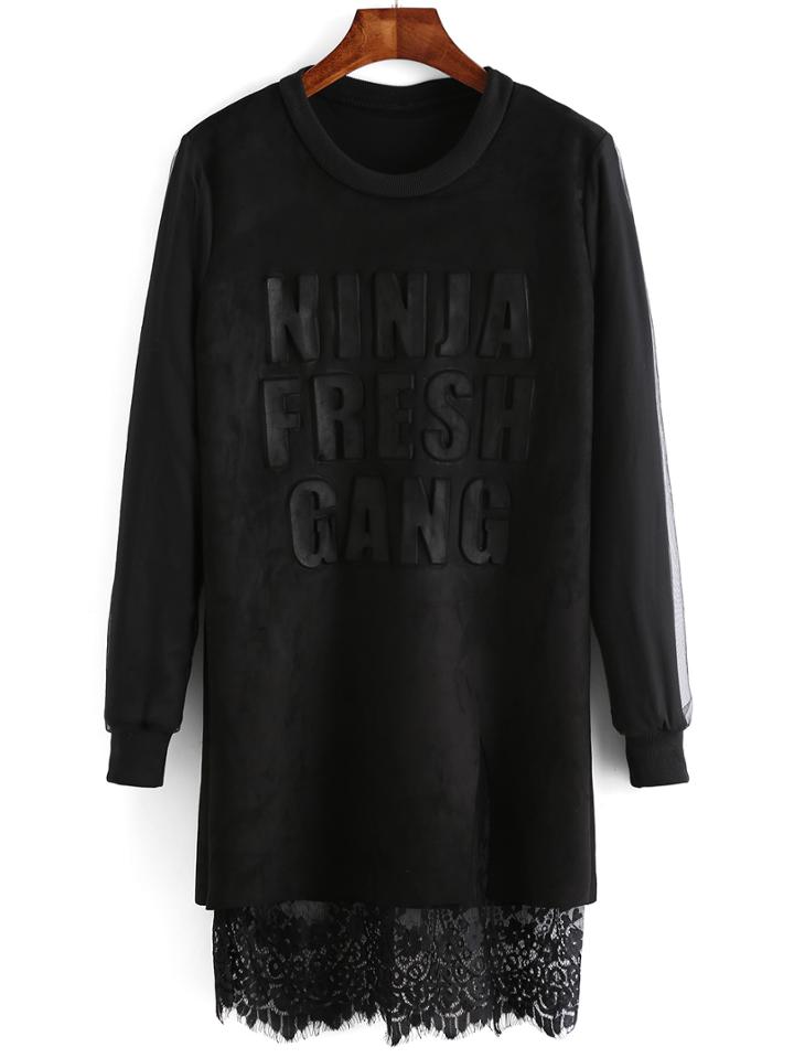 Romwe Lace Insert Letter Embossed Sweatshirt Dress