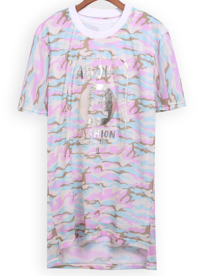 Romwe Dip Hem Camouflage T-shirt