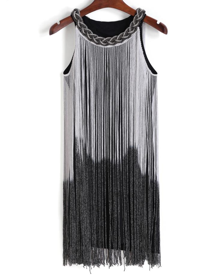 Romwe With Tassel Ombre Silver Dress
