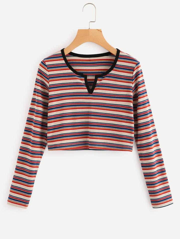 Romwe V Cut Neck Striped Crop Tee