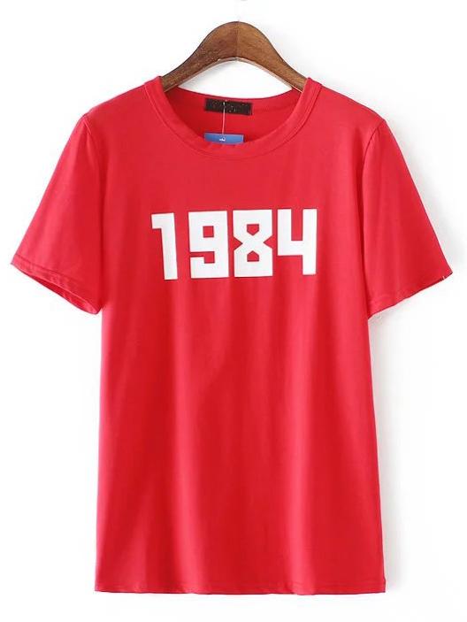 Romwe Red Round Neck Number Print T-shirt