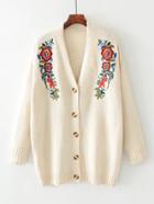 Romwe Embroidered Flower Button Up Cardigan