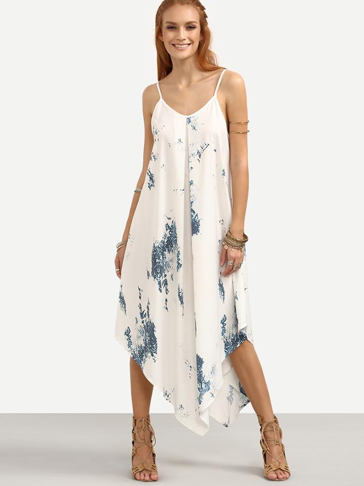 Romwe White Abstract Print Asymmetric Cami Dress